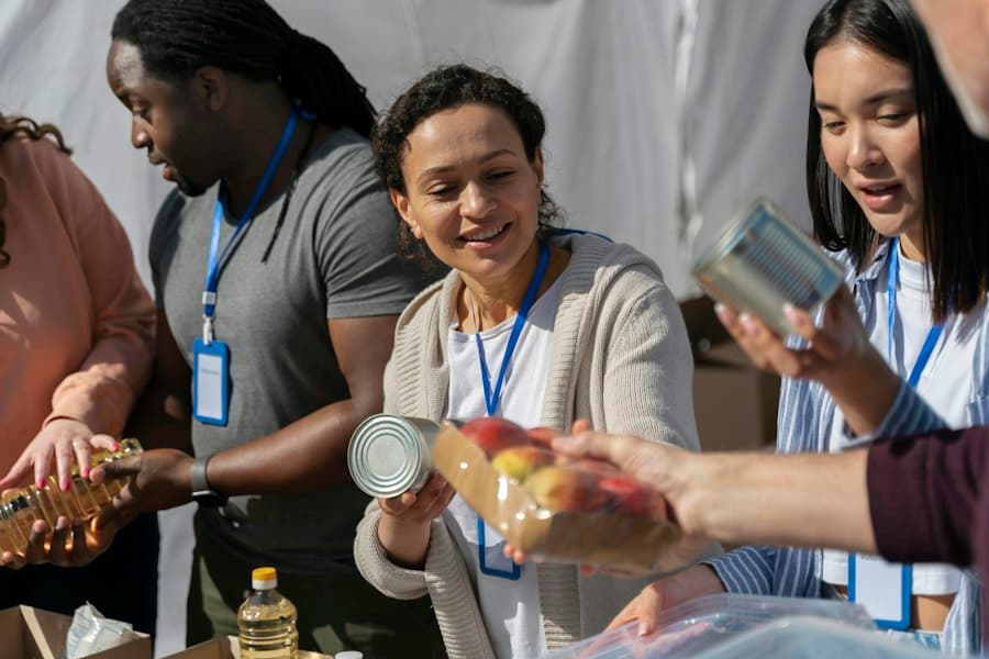 Volunteers sorting food donations at a table